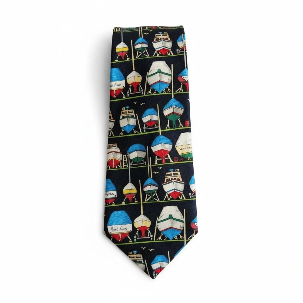VTG 80s Alynn Neckwear Old Money Sailing Marina Boats Graphic Silk Tie